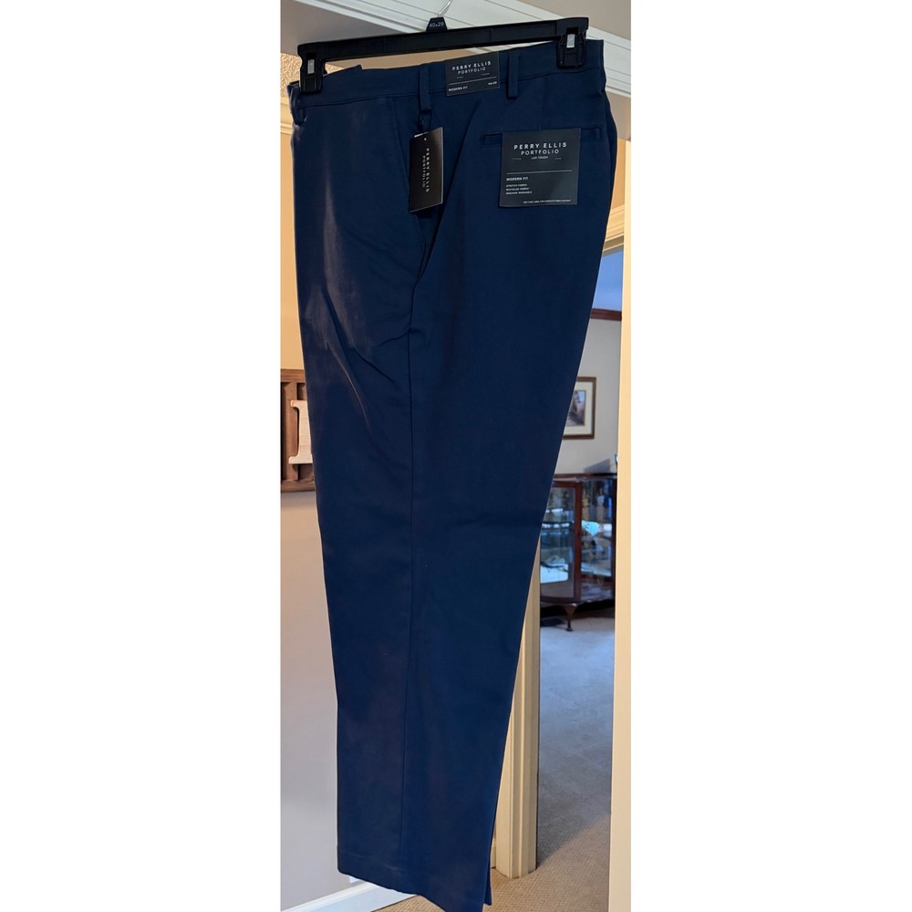 Perry Ellis Portfolio Modern Fit Stretch Dress Pants Navy Blue 40x29